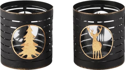 Dekoratief | Theelichthouder m/boom/hert, zwart/goud, metaal, 9x8x8cm, set van 2 stuks | A245800