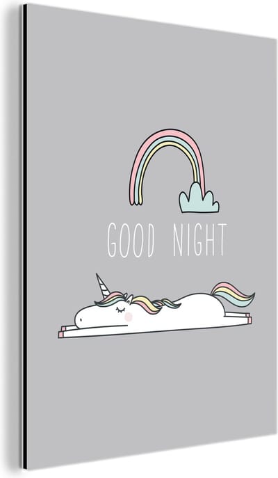 Wanddecoratie Metaal - Aluminium Schilderij Industrieel - Unicorn - Regenboog - Kinderen - Quotes - Good night - Meisjes - 60x80 cm - Dibond - Foto op aluminium - Industriële muurdecoratie - Voor de woonkamer/slaapkamer
