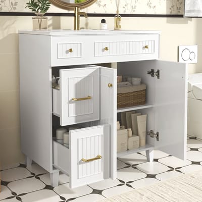 Badkamermeubel - 81.7 cm - met Keramische Wastafel - Luxe Design en Houten Poten - Massief Hout - Wit