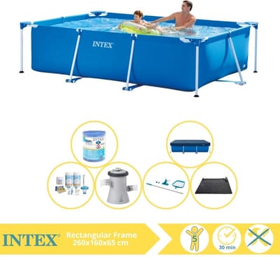 Intex Rechthoekig Frame Zwembad - 260 x 160 x 65 cm - Blauw - Inclusief Afdekzeil - Onderhoudspakket - Zwembadfilterpomp - Filter - Schoonmaakset - Solar Mat - 7-delig