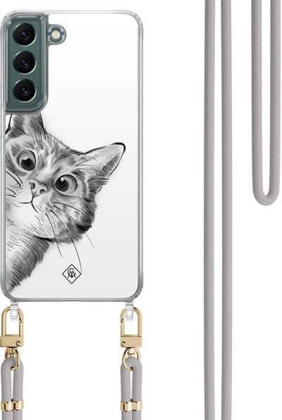Casimoda® hoesje met grijs koord - Geschikt voor Samsung S22 Plus - Peekaboo Kat - Afneembaar koord - TPU/polycarbonaat - Grijs