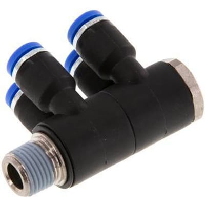 4mm x R1/8'' 4-way Manifold Messing/PA 66 Insteekfitting Buitendraad Draaibaar NBR