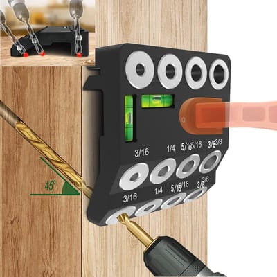 Hoekboorgatgeleider 3-in-1 voor houtbewerking – 30°/45°/90° met 2 niveaus en 4 maten