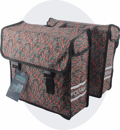 Voltano Dubbele Fietstas Crimson Leaf - Zwarte Met Grijze Bloemen - 38 Liter - 100% Waterdicht Polyester - Vrolijke Fietstassen