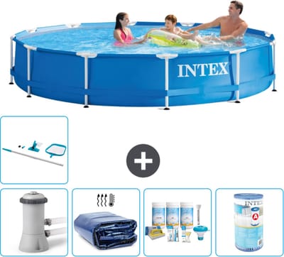 Intex Rond Frame Zwembad - 366 x 76 cm - Blauw - Inclusief Pomp - Solarzeil - Onderhoudspakket - Filter - Schoonmaakset - 6-delig