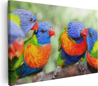 Artaza Canvas Schilderij Vogels Op Tak - 30x20 cm - Klein - Wanddecoratie Papegaaien - Muurdecoratie Dieren - Kamer Accessoires