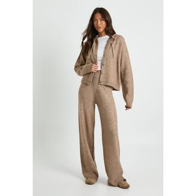 boohoo Dames Gebreide oversized hoodie met knoopjes aan de voorkant en wijde broek | Taupe | Maat: Small