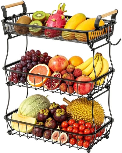 Mand met 3 verdiepingen met 2 bananenhouders, opslag van groenten en fruit, metaaldraad voor keukenwerkblad, fruitmand, etager, groentemand, zwart, 45 cm (H