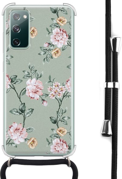 Hoesje met koord - Geschikt voor Samsung Galaxy S20 FE - Bloemetjes - Verstelbaar zwart koord - Crossbody - Bloemen - Transparant, Groen - Leuke Telefoonhoesjes