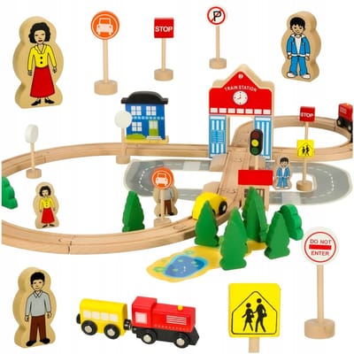 Houten Treinbaan met 50 Delen: Station, Pociąg & Auto