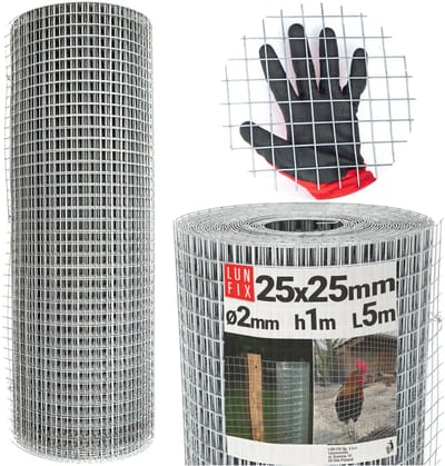 LUN FIX - Volierendraht - verzinkt staal - 25x25 - Ø 2.0 mm - 1m x 5m - konijnenstaal - draadgaas - lasgaas - woelratgaas voor de tuin - gaashek
