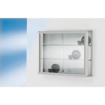 Wandvitrine, inhaakbaar, 2 verstelbare glazen leggers, afsluitbare schuifdeuren, gehard veiligheidsglas, B 800 x D 120 x H 590 mm