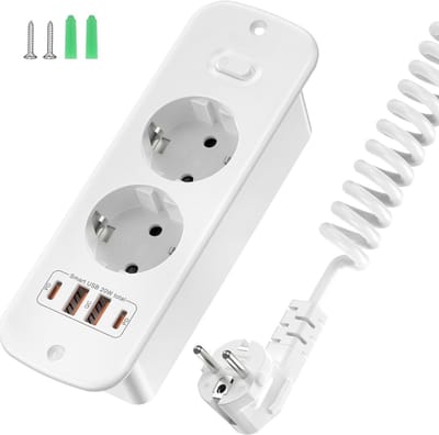 StayPowered Inbouw Stopcontact - Altijd Opladen Binnen Handbereik - 2 USB C-poorten - 2 USB A-poorten - 2 Schuko Stopcontacten - Inschuifbaar Ontwerp - 2m Verlengkabel - Compact en Veilig - Wit - Levering Sneller dan Aangegeven!