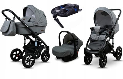 BabyLux® Kinderwagen 4in1 – SKY LARK - Grey Flex BLACK FRAME - Opklapbare Wandelwagen incl. Reiswieg, Multifunctionele Buggy Sportstoel, Autostoel, ISOFIX basisstation - Combi-kinderwagen met Luiertas, Regenhoes, Klamboe