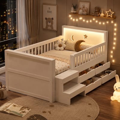 Kinderbed 90x200 cm - Eenpersoonsbed - Opbergbed - Multifunctioneel bed - Met hoofdbord - Met lades - Met LED-lichtstrips - Met vangrails - Stevig en veilig - Wit