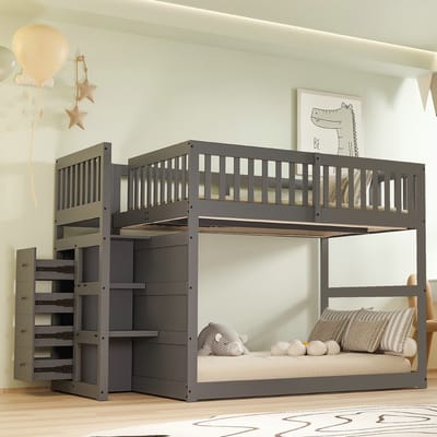 VVBV Half Hoogslaper 140x200 cm - Kinderbed met Opbergruimte - Houten Bed voor Kinderen - Grijs