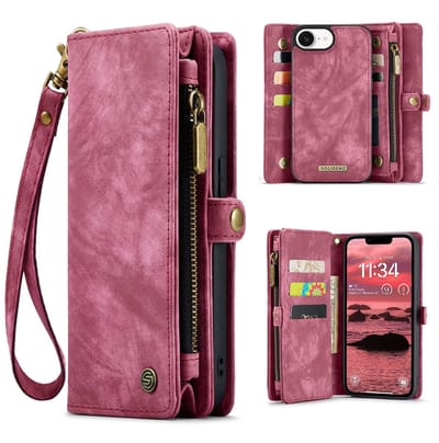 Geschikt Voor iPhone 17e / 16e Hoesje - Solidenz Wallet Case - Telefoonhoesje - Case Met Pasjeshouder - Met Ritsvak - Met Polskoord - Portemonee Hoes - Rood