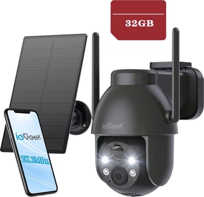 ieGeek 2K PTZ Bewakingscamera Buiten Draadloos met Batterij, Solar WiFi Beveiligingscamera voor thuis met Zonnepaneel en PIR Bewegingsdetectie, Kleuren Nachtzicht CCTV IP Camera Security - zwart - 32GB-KAART