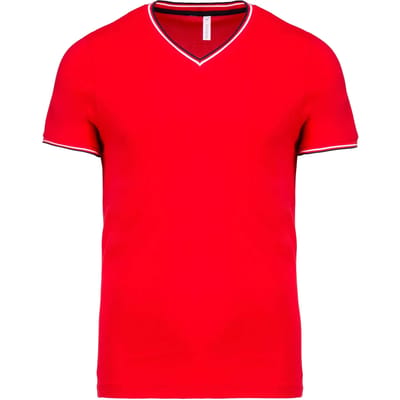 Rood met blauw-wit t-shirt met streepje bij kraag en mouw V-hals merk Kariban maat M