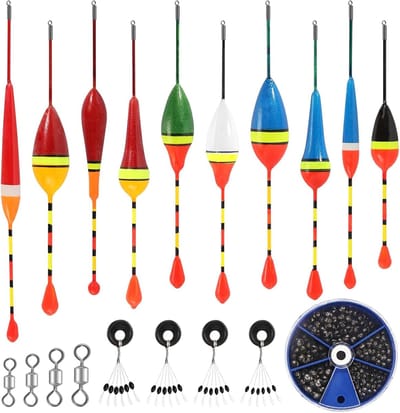 Thijox - Dobbersatz voor Vissen, 10 Stuks Dobbers, 4 Rubber Stoppers, 4 Wervels, 205 Loodgewichten voor Verschillende Grote Vissoorten in Meren en Vij