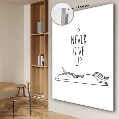 Kinderkamer decoratie - Eenhoorn - Quotes - Never give up - Quotes - Wanddecoratie meisjes - Canvas schilderij kinderen - Canvas doek kids - 120x160 cm