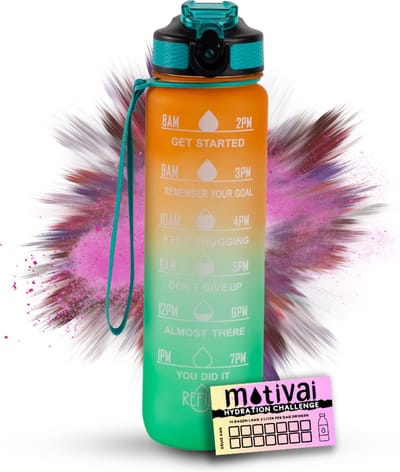 Motivai Motivatie Waterfles - Oranje/Groen - Inclusief Extra Afsluitklepje - 1 Liter - Motiverende Drinkfles met Rietje - BPA Vrij - Met Motivai Hydration Challenge