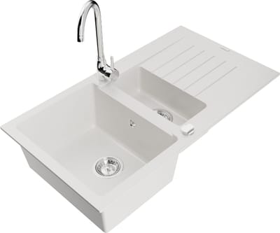 Mexen Matias granieten spoelbak 1,5-combi met afdruipplaat en Telma keukenkraan, wit - 6502-20-670200-00