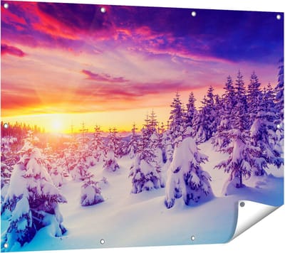 Gards Tuinposter Zonsondergang in het Sneeuw Bos - 120x90 cm - Tuindoek - Tuindecoratie - Wanddecoratie buiten - Tuinschilderij