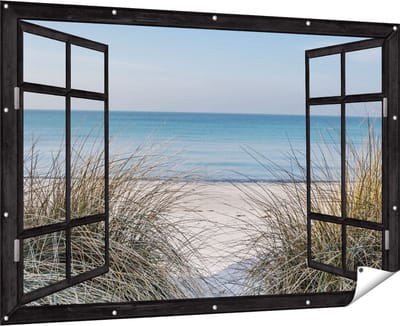 Gards Tuinposter Doorkijk Strand en Zee vanuit de Duinen - 180x120 cm - Tuindoek - Tuindecoratie - Wanddecoratie buiten - Tuinschilderij