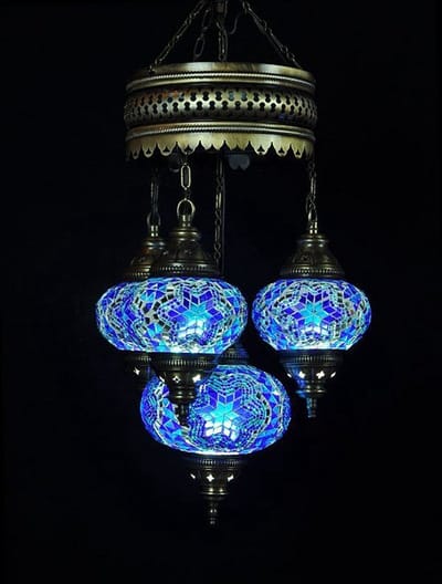 Anatolia Mozaïek hanglamp - blauwe glazen lamp - 4 bollen - handgemaakt en uniek