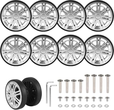 Set van 8 Vervangwielen voor Koffers, 60 x 12 mm, Dubbele Rubber Wielen met Reparatieset voor Bagage