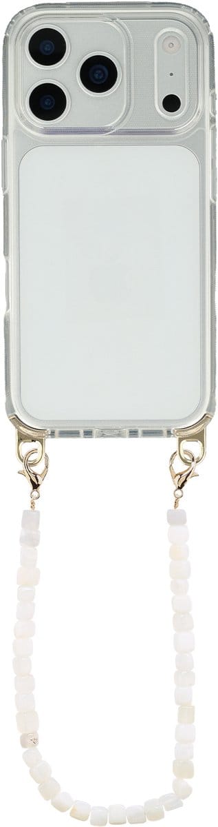 Selencia Transparant Hoesje met Haakjes inclusief Natuurstenen Polskoord - Geschikt voor Apple iPhone 17 Pro - Pearl White