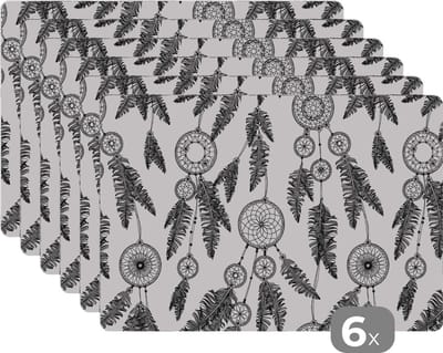 Placemat - Placemats kunststof - Droomvanger - Veren - Indiaan - Patronen - 45x30 cm - 6 stuks - Hittebestendig - Anti-Slip - Onderlegger - Afneembaar