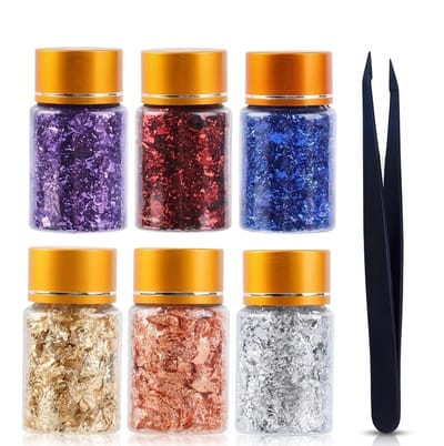 Metallic kleur folie vlokken set 7 delig decoratie materiaal voor dames en heren goud zilver roségoud rood blauw paars met pincet voor knutselen hars en schilder projecten