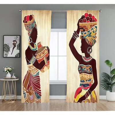 2 STUKS Afrikaanse Vrouwen Patroon Gordijnen Etnische Kleurrijke Print Slaapkamer Woonkamer Decor Kunst Cultuur Raampanelen 50W50H(CM)X2PCS&Grommet Top black