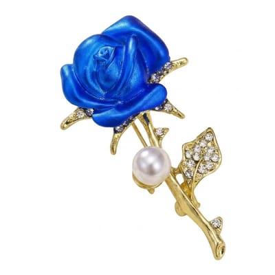 Blauwkleurige roos broche dames – metalen broche met bloemvorm, parel en strass details – decoratieve speld voor sjaal, jas of kledingaccessoire