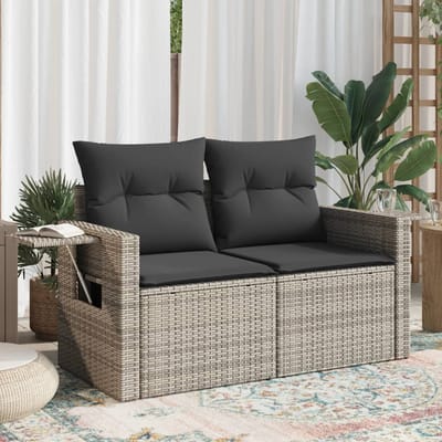 vidaXL - Tuinbank - 2-zits - met - kussens - poly - rattan - grijs