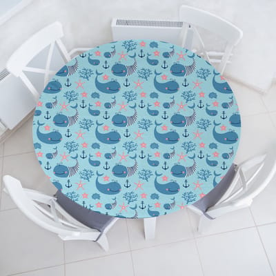 New Bed Walvis Gelukkig Onderwaterleven Rekbare Ronde Tafellaken, Elastische Stof Tafelhoes rondom 115 cm -142 cm Diameter