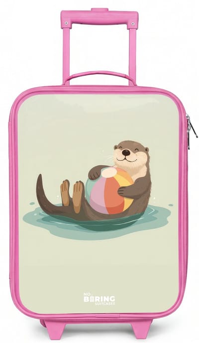 NoBoringSuitcases.com® - Kinderkoffer roze - Kindertrolley meisje - Otter - Strandbal - Water - Koffer kind lichtgewicht - Reiskoffer trolley voor kinderen - Koffertje met lichtgevende wieltjes - Rolkoffer