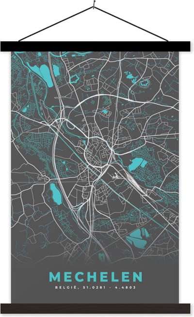 Posterhanger incl. Poster 40x60 cm - Schoolplaat - België – Mechelen – Stadskaart – Kaart – Blauw – Plattegrond - Textielposter - Zwarte latten - Stadskaart