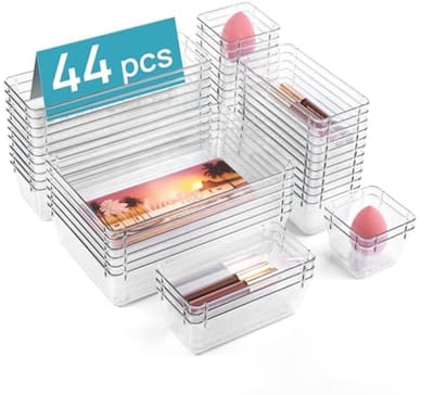 Set met 44 stuks lade-organizers - Transparante kunststof opbergbakken - 4 maten - Bureau, keuken en kantoor
