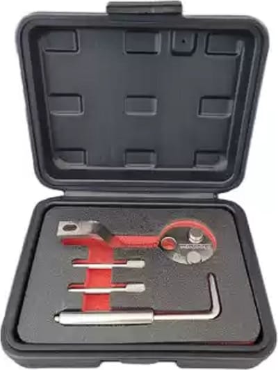 Timing set Ford 2.2 Diesel-Distributie afstelstel set voor de ketting aangedreven 2.2 TDCI motoren. Set bevat gereedschap om de nokkenassen en de krukas te blokkeren, zodat je gemakkelijk de ketting kunt demonteren.