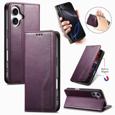 Praktische en Stijlvolle PU Leren Portemonnee Hoes voor iPhone 16 _ Paars