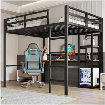 Merax Kinderhoogslaper - 140 x 200 cm - met opbergplanken + bureau met stopcontact + USB-aansluiting - Metaal + MDF - zwart