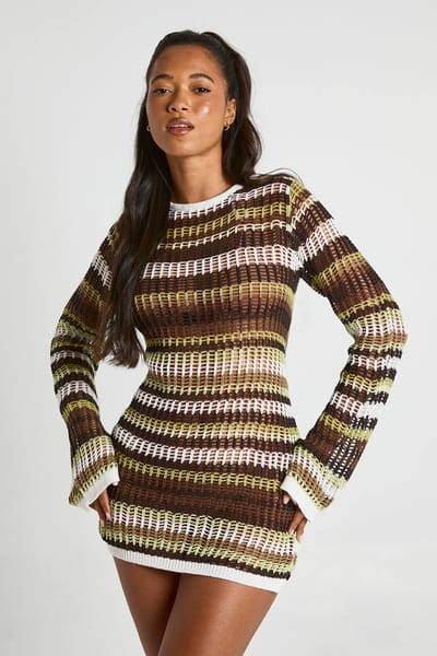 boohoo Dames Strand Gehaakte Streep Gebreide Mini-jurk Met Uitlopende Mouwen | Neutral | Maat: Small