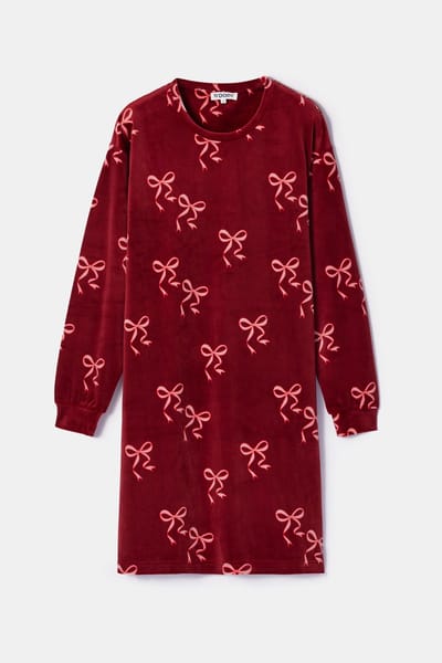 Woody slaapkleed meisjes/dames velours - donkerrood - strikjes all-overprint - 252-10-YDE-V/952 - maat M