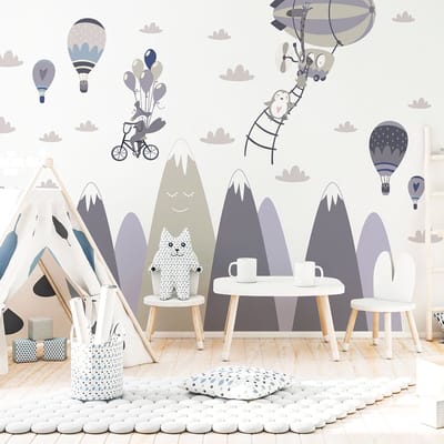 Kinderstickers met Scandinavische bergen en gekke dieren, 50 x 75 cm