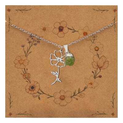 Bixorp Geboortebloem + Geboortesteen Ketting Augustus - Klaproos & Peridoot - Zilverkleurig Stainless Steel - Bloem & Ruwe Edelsteen Hanger - 45+5cm