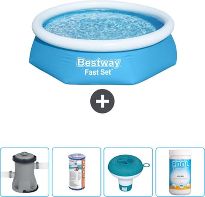 Bestway Rond Opblaasbaar Fast Set Zwembad - 244 x 61 cm - Blauw - Inclusief Pomp Filter - Chloordrijver - Chloor