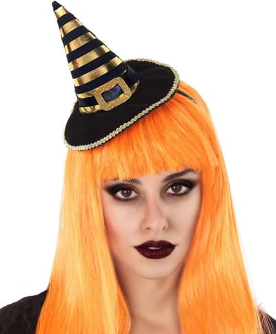 Halloween heksenhoed - mini hoedje op diadeem - one size - zwart/oranje - meisjes/dames - verkleed accessoires